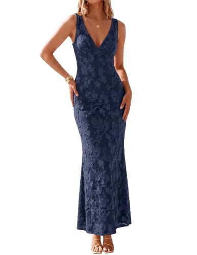 BORIFLORS Women's Bodycon V Neck Floral Cocktail Maxi Dress,M,Navy