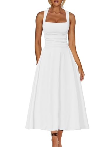 Kaximil Women's Elegant Corset A Line Formal Maxi Dress, S, White | Square Neck Ruffle Ruched Vintage Cocktail Party Long Dresses