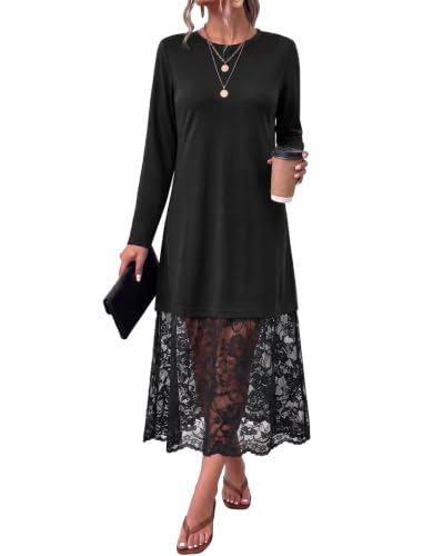 Black Lace Dress Long Sleeve Fall Wedding Guest Midi Dresses Formal Party S | Fall dresses for women 2026, formal dress, teacher outfits, patchwork, winter clothing, casual, elegant, cocktail, vacation