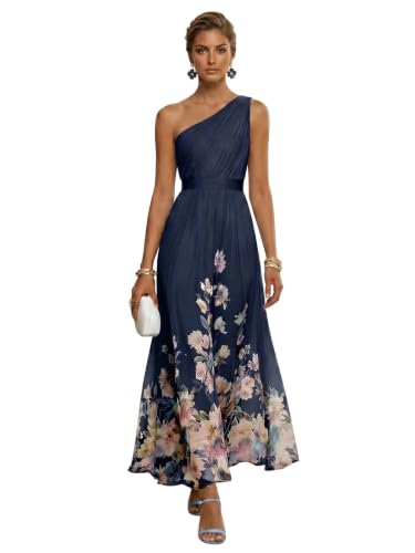 RYANTH Navy Blue One Shoulder Mother of The Bride Dresses for Women Long Pleated Prom Dress A Line Printed Flower Chiffon Ruched Formal Dress Size 4