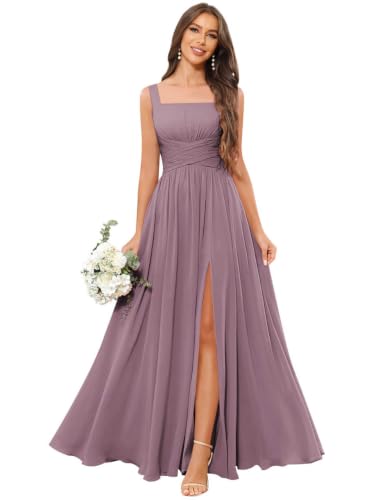Vpkrtf Wisteria Chiffon Bridesmaid Dresses for Women Sleeveless Pleated Square Neck Long with Ruffle Slit Flowy A Line Corset Formal Evening Gowns for Juniors Size 14