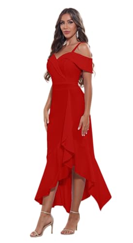 Women's Formal Dress V Neck Ruffle Split Elegant Wedding Guest Cocktail Party Bridesmaid Sleeveless Dresses Red
