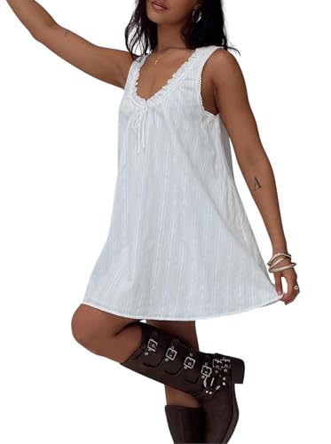 Womens Babydoll Tank Dress Y2k Lace Trim V Neck Mini Dress Loose Aesthetic Sleeveless Flowy Backless Short Sundress (Cute White, M)