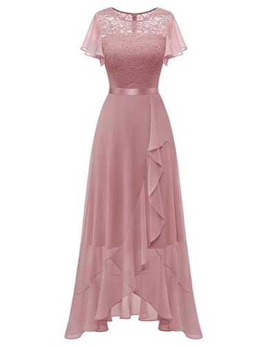 BeryLove Formal Dresses for Women Wedding Guest Ruffle Short Sleeve Elegant Cocktail Bridesmaid Party Prom Homecoming Dress High Waist Lace Long Evening Gown 51 Blush XS
