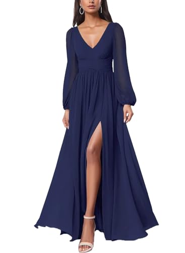 Womens Mesh Deep V Neck Tie Back Split Long Wedding Guest Dress Sheer Sleeve Formal Evening Party Maxi Dresses, Navy Blue Small