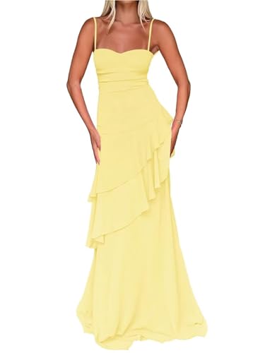 KIRGNT Tiered Prom Dresses 2026 for Women A Line Yellow Chiffon Spring Wedding Guest Dress Ruffle Maxi Formal Gown US4