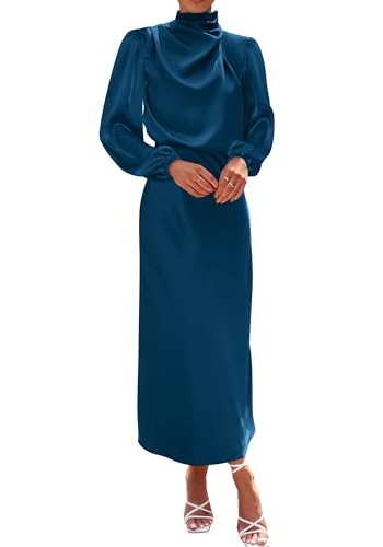 BTFBM Womens Mock Neck Satin Maxi Dress Summer 2026,Dark Blue,L