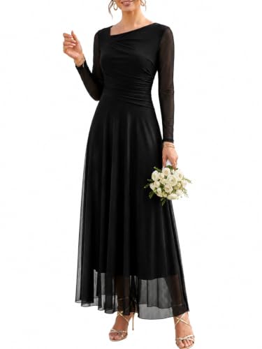 Berydress Womens Ruched Black Long Sleeve Mesh Dress for Formal Party 2026