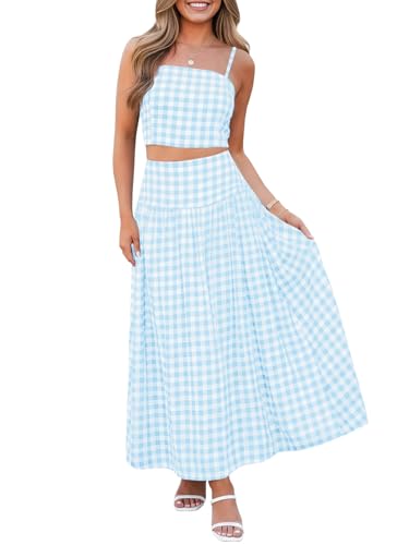 Wenrine Womens 2 Piece Skirt Sets Summer Gingham Crop Tops Midi Skirt Blue