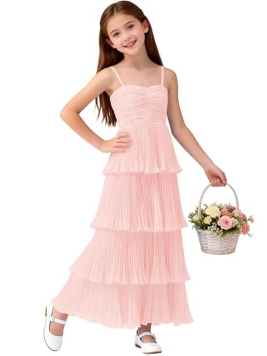 Junior's Tiered Ruffle Bridesmaid Dresses 2026 Spaghetti Straps Long Pleated Chiffon Flower Girl Dresses Blush Pink TJ40 16
