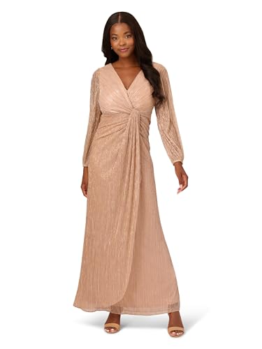 Adrianna Papell Women's Metallic Mesh Draped Gown, Light Gold, 6 | Long Sleeve Evening Gown with Bishop Sleeves & Draped Bodice Detail