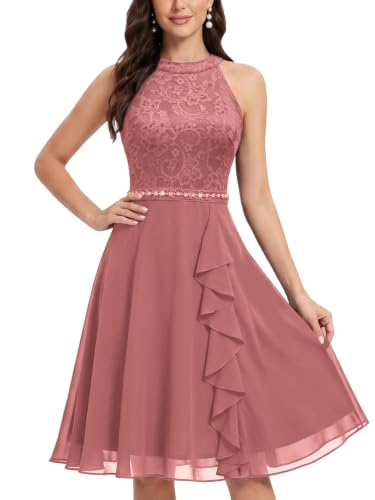 Miusol Women's A-Line Halter Neck Lace Chiffon Ruffle Cocktail Party Dress