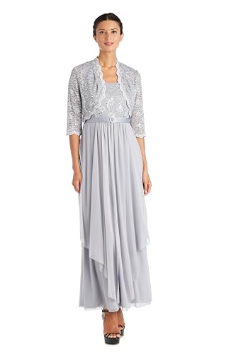 R&M Richards womens 2 Pce Lace Georgette Jacket Dress, Silver, 18 US