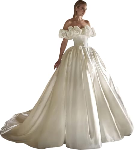 Boat Neck Princess Wedding Dress Off the Shoulder Ivory Handmade Flowers Women Ball Gown Bridal Dresses Vestidos de Novia