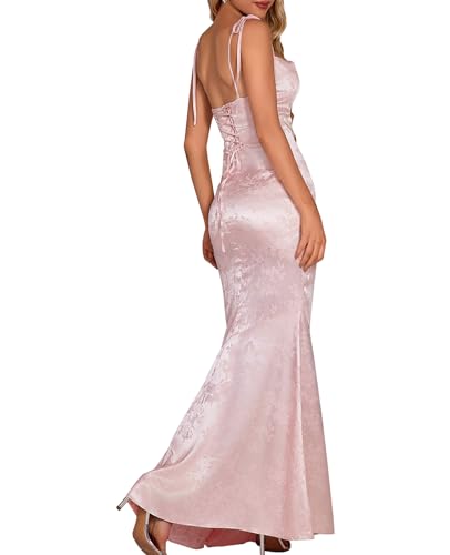 GLNEGE Wedding Guest Maxi Prom Dress Lace Up Satin Formal Dresses for Women