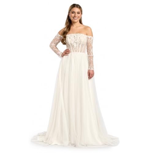 David's Bridal Off-the-Shoulder Tulle Corset A-Line Wedding Dress, Size 8 | Romantic off-the-shoulder tulle A-line wedding dress with a lace-appliqued corset bodice and flowing skirt.
