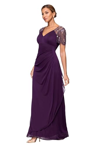 Xscape Floor Length Jersey Knit Evening Gown with V-Neckline, Beaded Flutter Sleeves and Ruched Draping, Plum, 4P