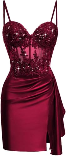 PHIRIZLE Spaghetti Straps Lace Applique Corset Homecoming Dress, Sheer Mesh Ruched Satin Slit Short Bodycon Cocktail Gown Burgundy