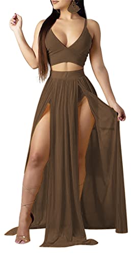 Beach Vacation Clothes for Women Sexy 2 Piece Outfits Dress Chiffon Strap Deep V Neck Bra Crop Top High Split Maxi Dresses Skirt Set Swimwear Cover Ups Brown M