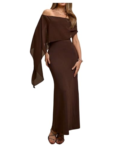 GORGLITTER Women's Chiffon of Bride Dresses Off Shoulder Dolman Sleeve Bodycon Maxi Cocktail Wedding Guest Dress Brown Medium