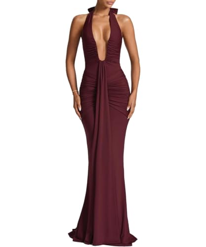 GRMLRPT Womens Sexy Deep V-Neck Maxi Dress Sleeveless Halter Formal Dresses