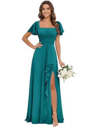 Phalarite Peacock Chiffon Bridesmaid Dresses with Short Sleeve 16