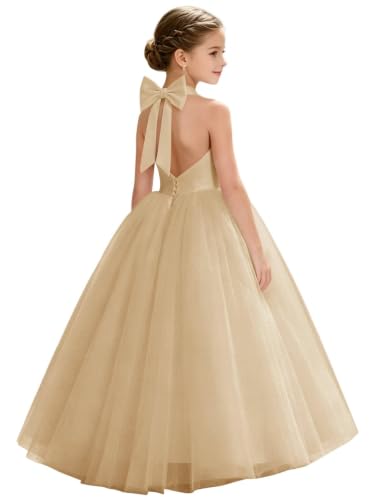 Heineyo Sleeveless Bowknot Flower Girl Dress Champagne Puffy Tulle A-Line Long Wedding Guests Prom Ball Gown Halter Satin Junior Bridesmaid Dresses US12