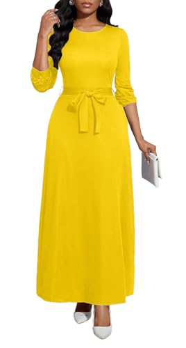 BubFee Women's Casual Long Sleeve Dresses Round Neck Maxi Dress Empire Waist Plus Size Flowy Long Dresses(Yellow,XXX-Large)