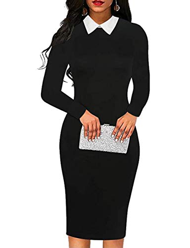Aphratti Women's Long Sleeve Peter Pan Collar Sheath Dress Funeral Business Office Wear to Work Professional Outfits Black01 Medium