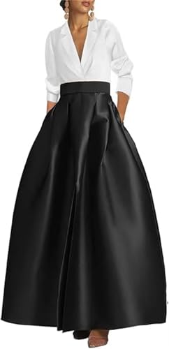 ALLENIDIA Elegant White/Black V Neck Satin Prom Dresses with Pockets Long Long Sleeves Formal Evening Party Gowns A Line Colorblock Wedding Guest Dress 06