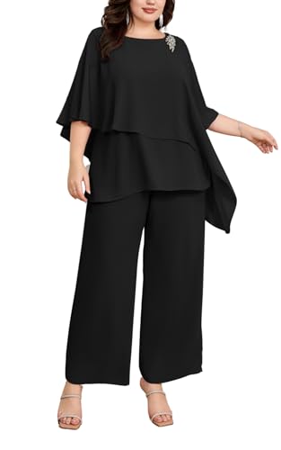 Hanna Nikole Mother of the Bride Dress Pant Suits Dressy Pantsuits Chiffon Plus Size Wedding Gowns for Women Black 18 Plus