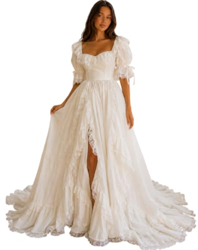 Women's Vintage Lace Photoshoot Wedding Dress with Puff Sleeves Ivory US08