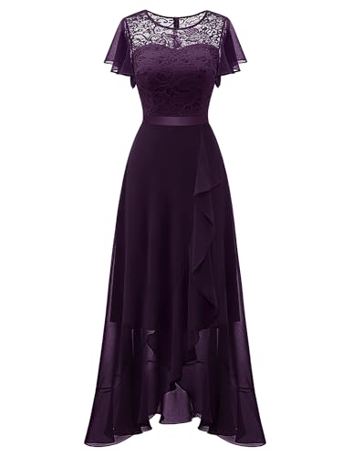 BeryLove Formal Dresses for Women Wedding Guest Ruffle Short Sleeve Elegant Cocktail Bridesmaid Party Prom Homecoming Dress High Waist Lace Long Evening Gown 51 Grape XL
