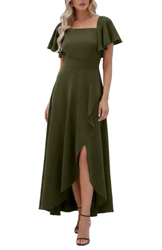 LightlyKiss Women's Army Green Square Neck Open Back Flutter Sleeve Ruffle Maxi Dress Bridesmaid Wedding Guest Formal Cocktail Dress
