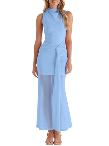 OWIN Women's Blue Bodycon Maxi Dress Sleeveless High Neck Ruched Mesh Elegant Wedding Guest Evening Cocktail Dress Small