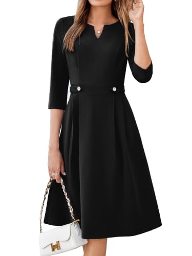 Simplee Women 3/4 Sleeve Work Business Casual Office Dress Black