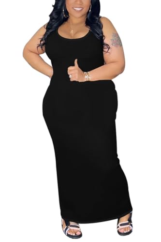 YeGine Women Plus Size Sleeveless Bodycon Maxi Dresses Sexy Slim Tank Dresses Black 3XL