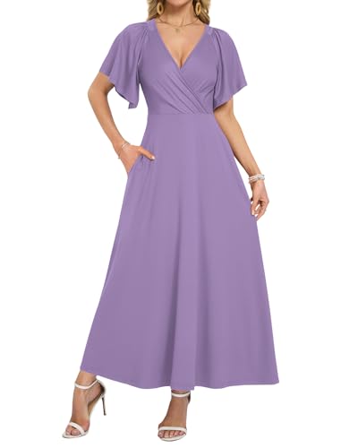 AUSELILY Summer Maxi Dresses Women 2026 Wrap Deep V Neck Flowy Beach Dresses Ruffle Sleeve Wedding Guest Dress with Pockets Light Purple 2XL
