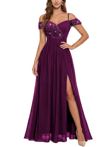 Miusol Women's Off Shoulder Elegant Sequined Split Spaghetti Straps Wedding Maxi Dress (Large, Maroon)