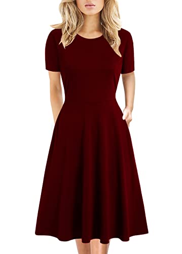 Women's Elegant Vintage 50s Office Casual Floral Print Work Party A-Line Swing Dress with Pockets 162 (S, Burgundy-162)