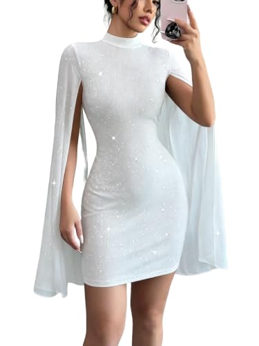 Women's Sexy Glitter Mini Dress Mock Neck Cloak Sleeve Cocktail Dresses | Sequin Shimmer Elegant Wedding Party Going Out Dress