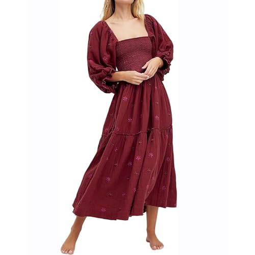 ABYOVRT Women Floral Embroidered Maxi Dress Long Puff Sleeve Square Neck Bohemian Flowy Dress with Pockets Summer Fall (Dark red,S)