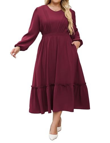 Hanna Nikole Plus Size Smocked Maxi Dress Long Sleeve V Neck Empire Waist Flowy Burgundy Dresses with Pockets 18 Plus for Christmas
