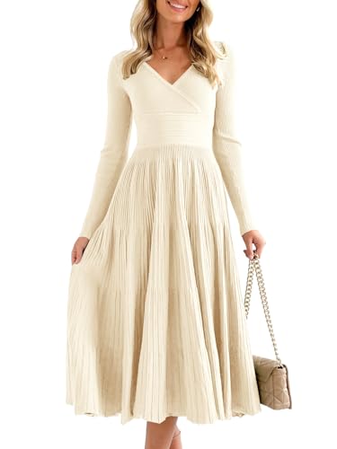 Saodimallsu Womens Long Sleeve Midi Sweater Dress Wrap V Neck Pleated A Line Fit Flare Elegant Knit Maxi Dress Beige