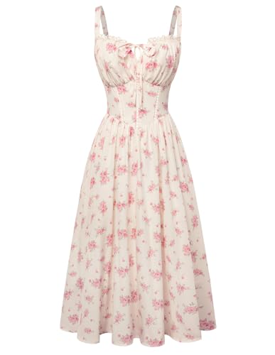 Women Floral Corset Dress Summer Milkmaid Sundress White Pink Floral S