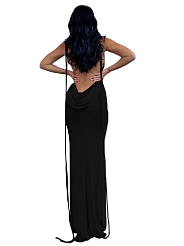 Volemo Womens Summer Backless Bodycon Dress Halter Cowl Neck Slip Spaghetti Strap Sexy Cocktail Party Maxi Dresses Black S