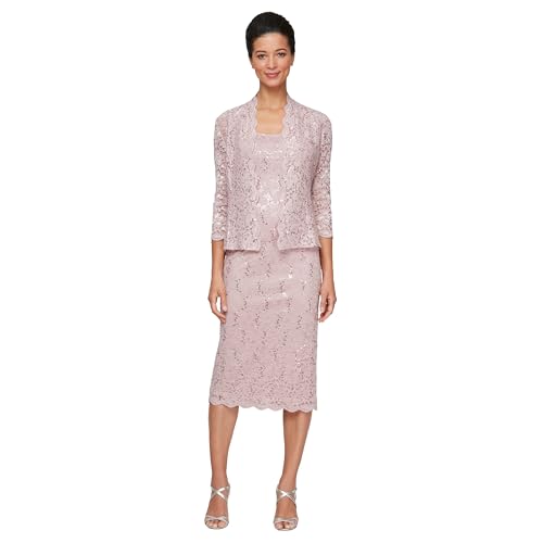 S.L. Fashions Women's Tea Length Sequin Lace Special Occasion Dress with Illusion Sleeve Jacket, Blush, 12P