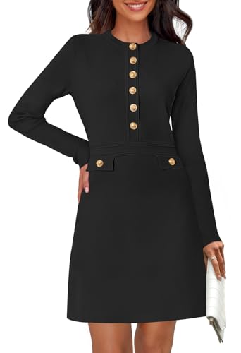 MEROKEETY Women's Fall 2025 Long Sleeve Bodycon Sweater Dress Button Crew Neck Winter Formal Mini Dresses, Black, Small