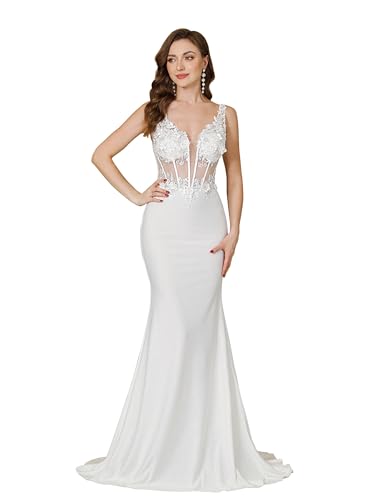 Babyonline Women's Floral Lace Sleeveless V Neck Wedding Mermaid Dress Women Spaghetti Straps Long Lace Applique Bodycon Mermaid Wedding Dress,Ivory,XL