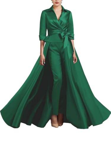 3 Pieces Jumpsuit Mother of The Bride Dress for Women V Neck Satin Elegant Formal Evening Dress for Women with Bow Emerald Size 02